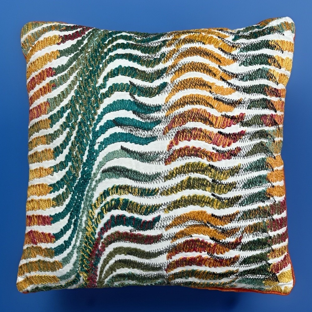 World Market Throw Pillow Cover Waves Embroidered 18" x 18" Square" Boho